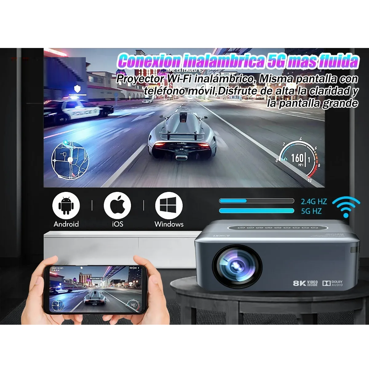 Proyector Led Android Wifi 8k Full Hd 1080p 8000lumens Gris