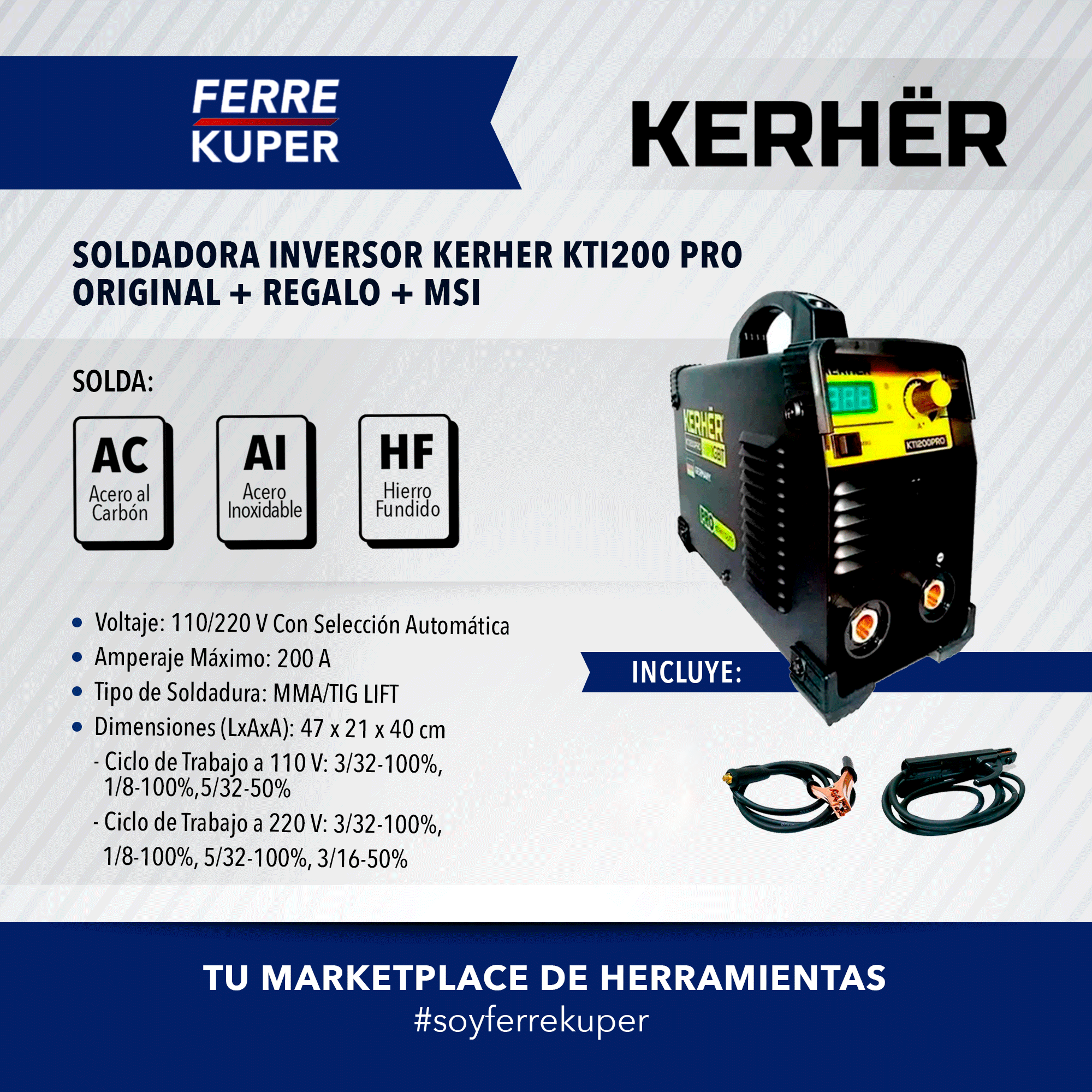 Soldadora Inversor Kerher KTI200PRO TIG/MMA 110/220 V 200 A