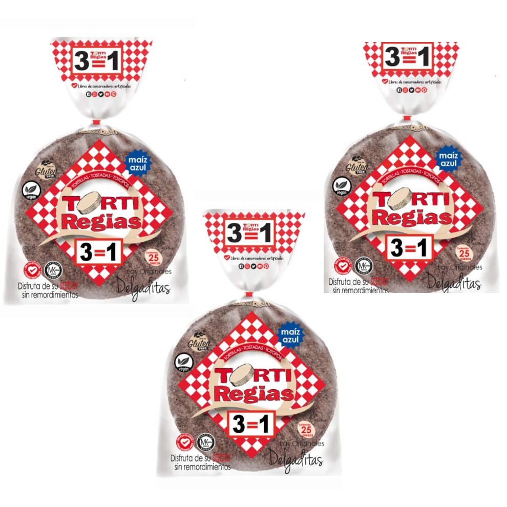 Tortillas Delgaditas Azules Tortiregias 3 bolsas de 25 piezas