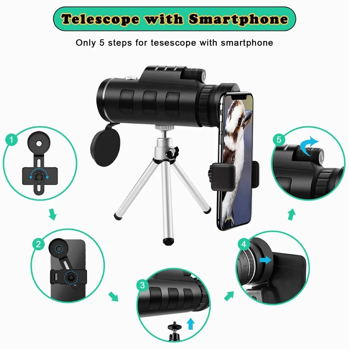 Monocular Telescopio Para Celular 40x60 Hd Con Clip Trípoide