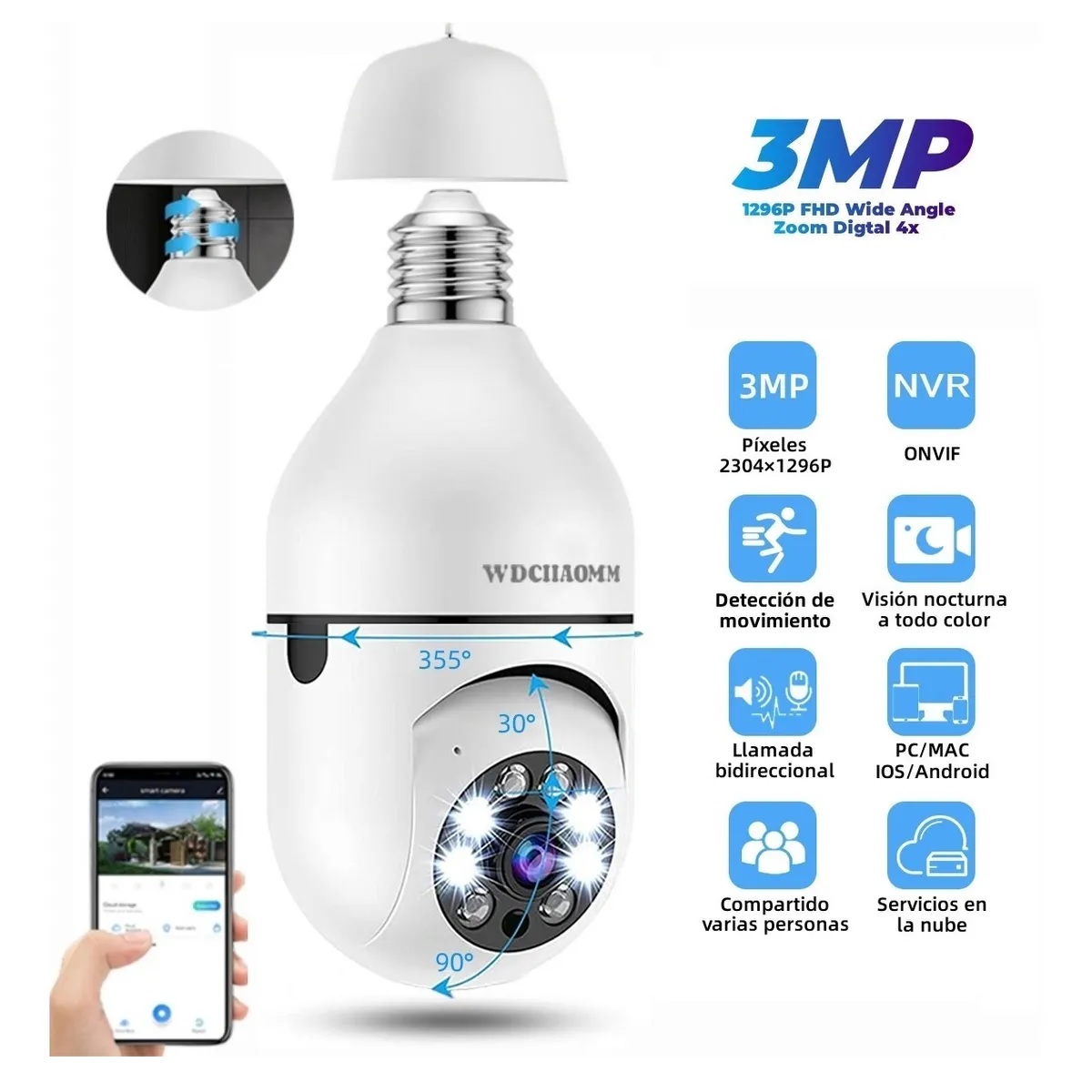 Cámara De Seguridad Socket 3mp Wifi Exterior/interior 360º