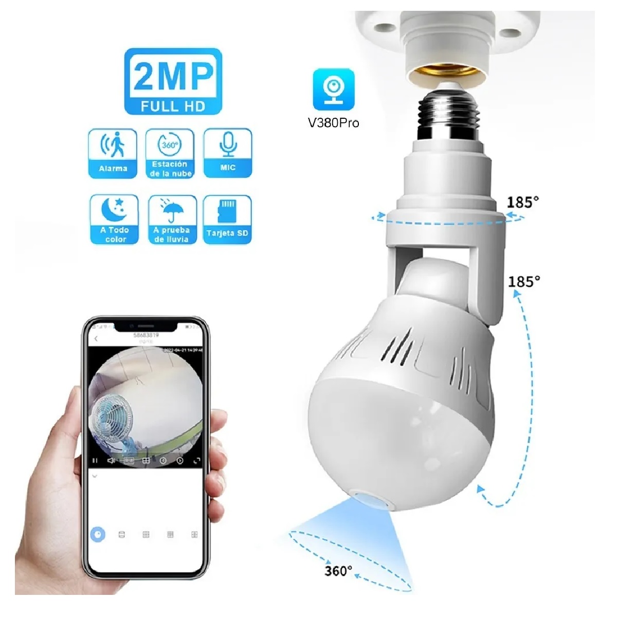 Cámara De Seguridad Panorámica 360º 1080p Foco Camara Wifi