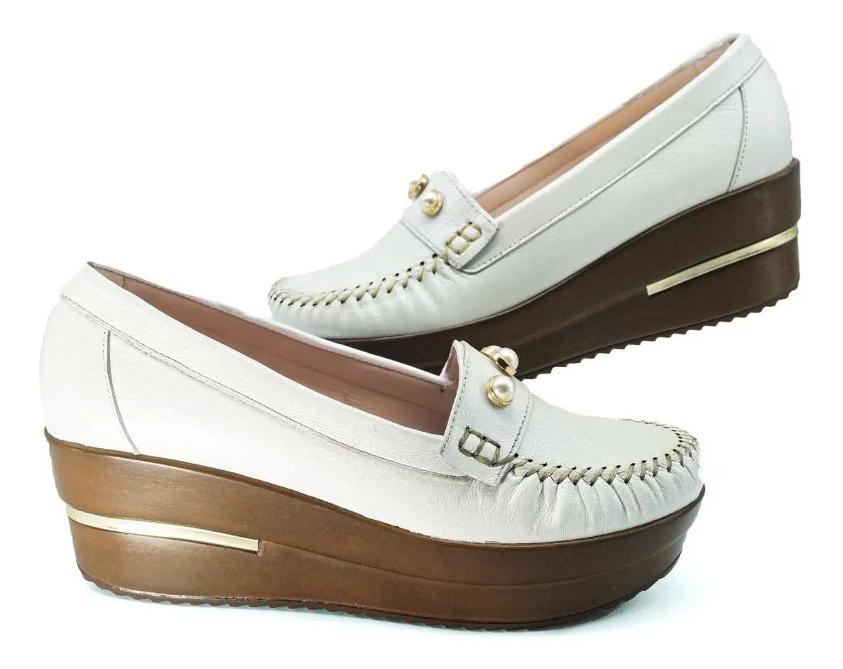 Zapato Mocasín Con Plataforma Para Dama Cómodo En Piel Perla