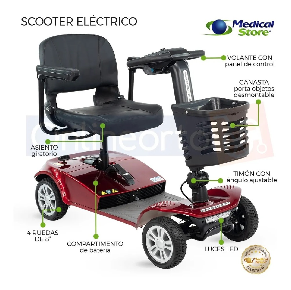Silla De Ruedas Scooter Eléctrico Medical Store  4 Ruedas Plegable Luz Led Roja