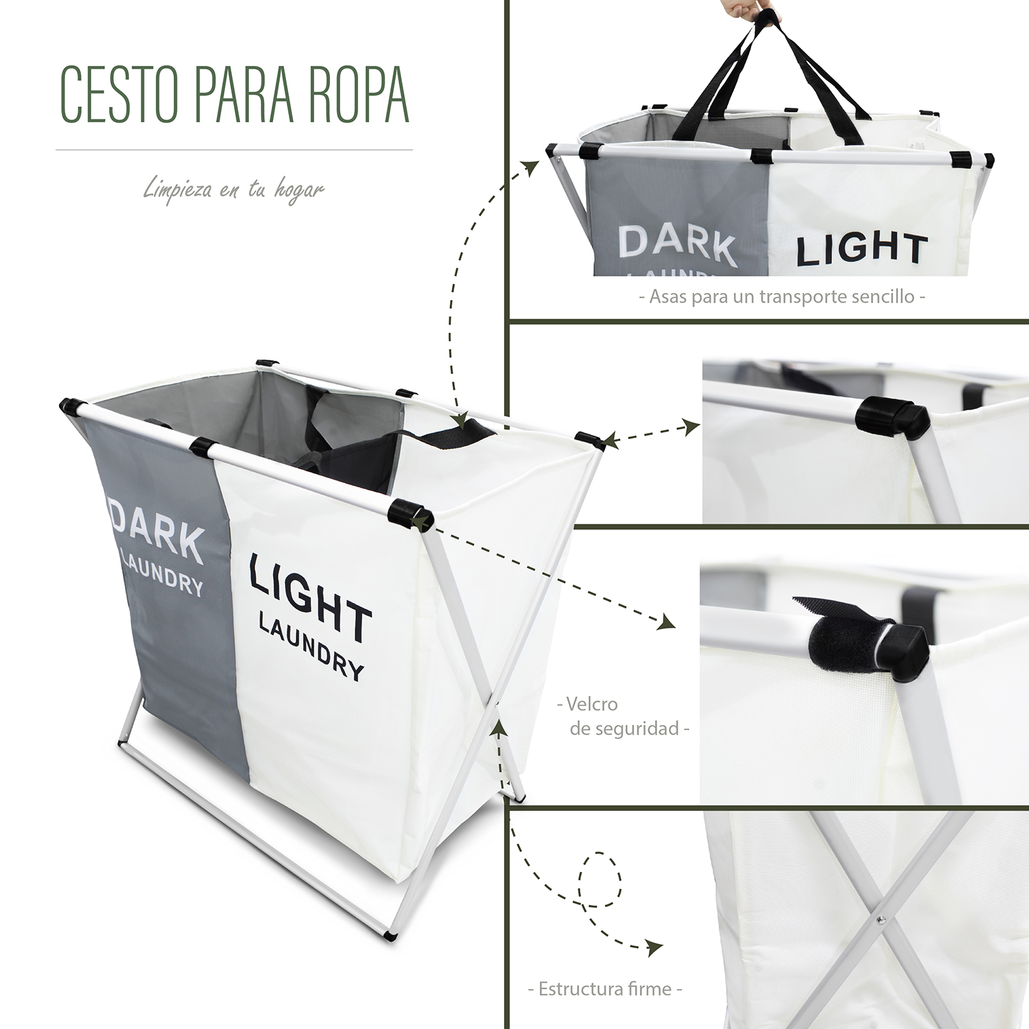 Cesto de ropa sucia con dos separaciones plegable