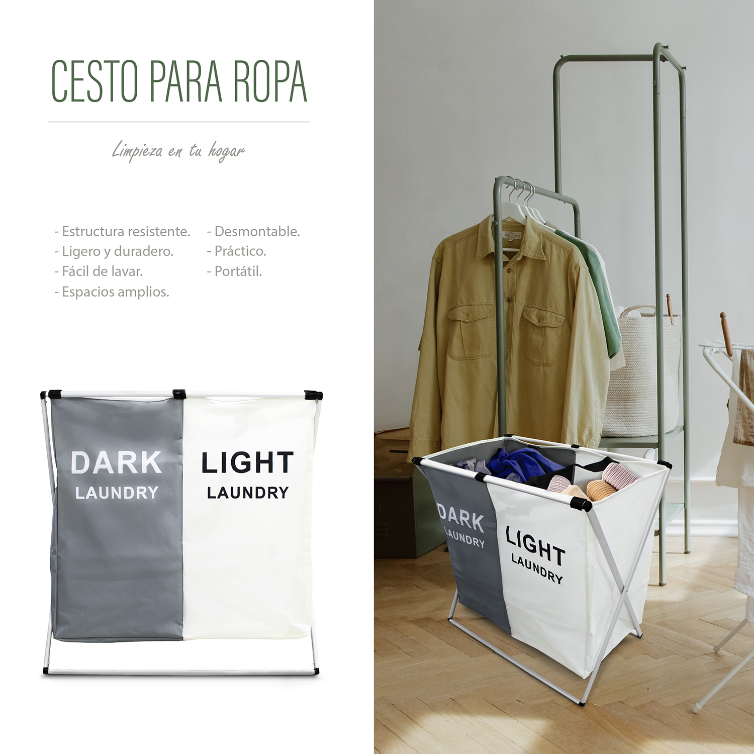 Cesto de ropa sucia con dos separaciones plegable