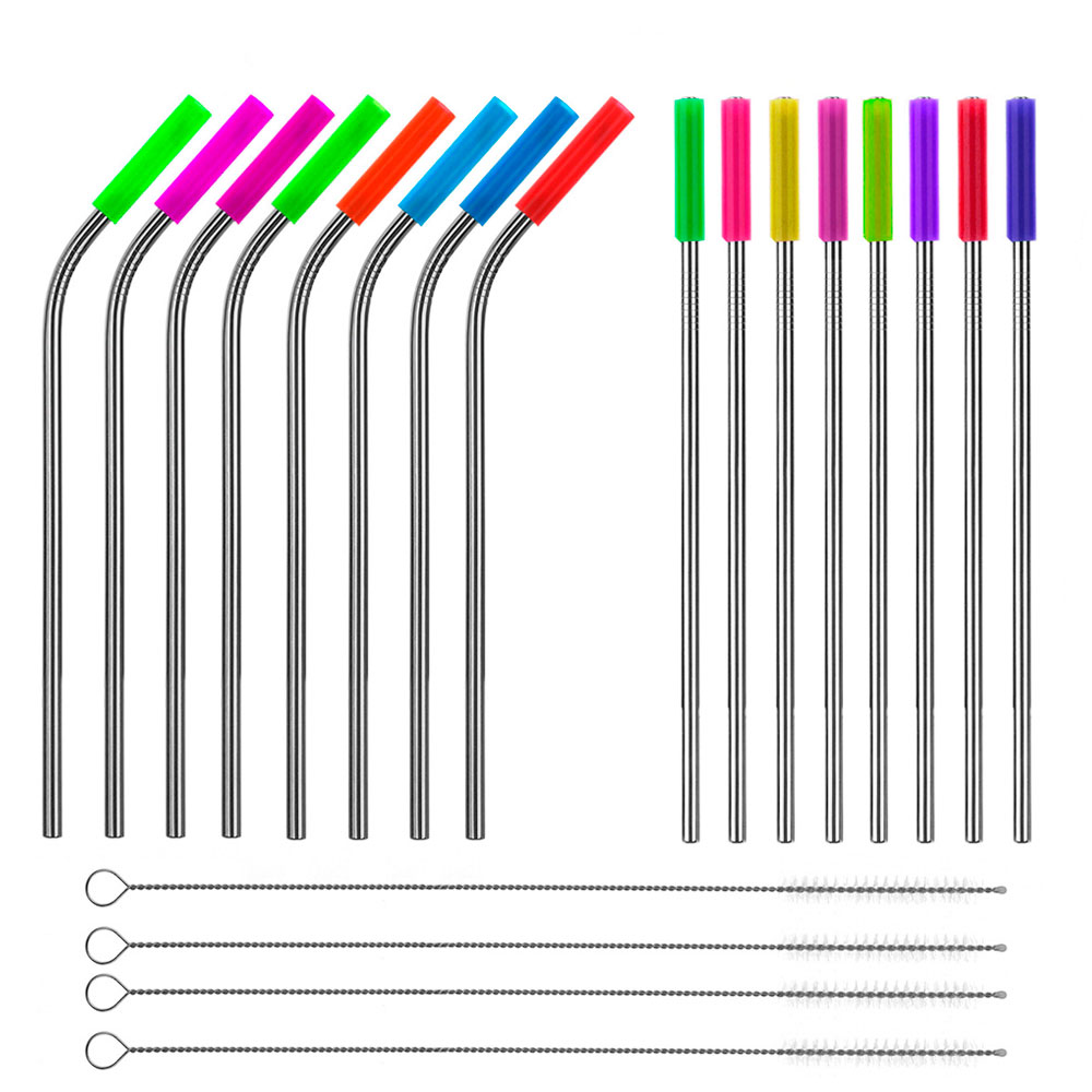 Set 36 piezas popotes de acero inoxidable con punta de silicona reutilizables y cepillos limpiadores