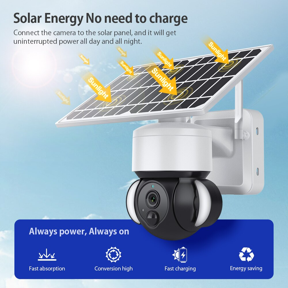 Camara de Seguridad Solar para Videovigilancia con 1080p 800 Lumen Panel Solar Microfono Vision Nocturna WiFi Sensor de Movimiento Resistente al Agua Almacena en Nube o Memoria SD / Master / IOT-CAMSOLTUYA