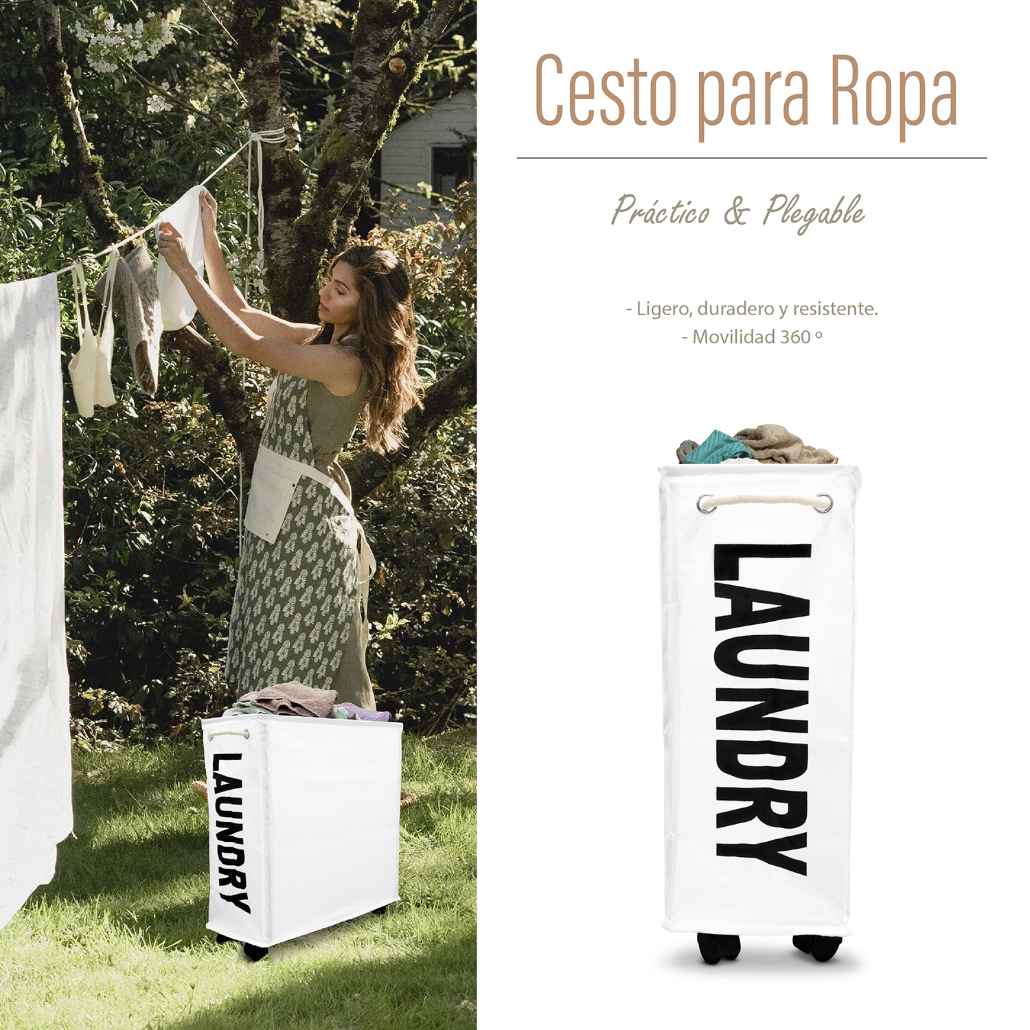 Cesto de ropa sucia con ruedas plegable rectangular