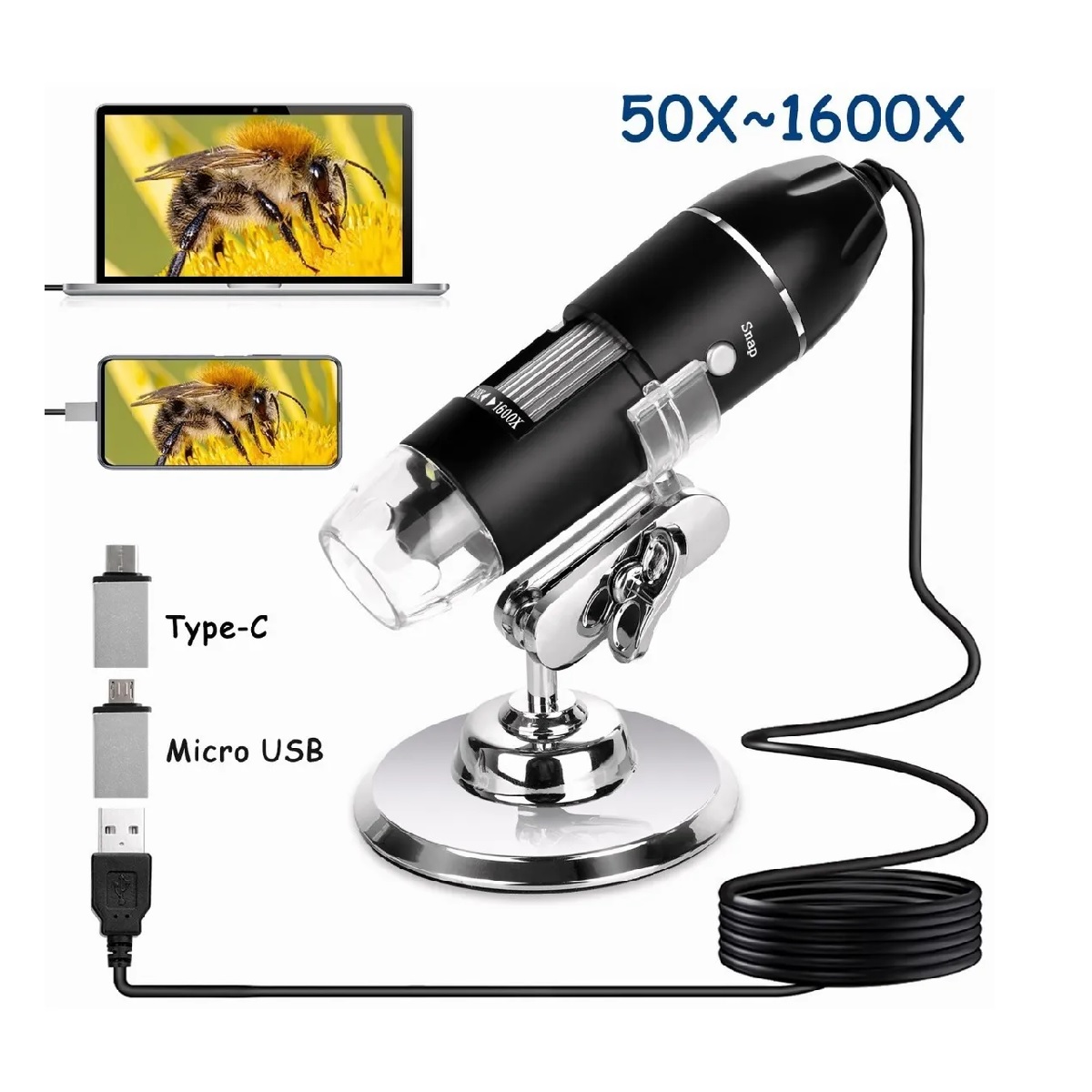 3 En 1 Microscopio Digital Usb 1600x Zoom Optico Hd 8 Leds