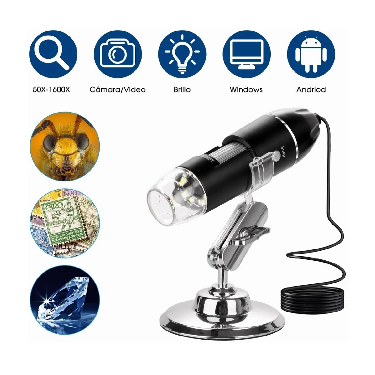 3 En 1 Microscopio Digital Usb 1600x Zoom Optico Hd 8 Leds
