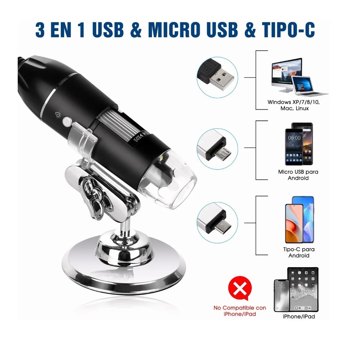 3 En 1 Microscopio Digital Usb 1600x Zoom Optico Hd 8 Leds