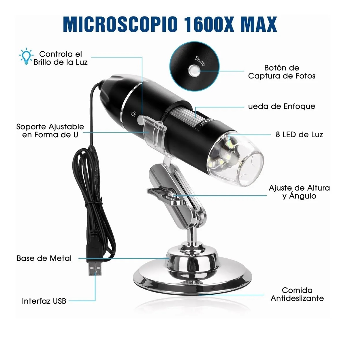 3 En 1 Microscopio Digital Usb 1600x Zoom Optico Hd 8 Leds