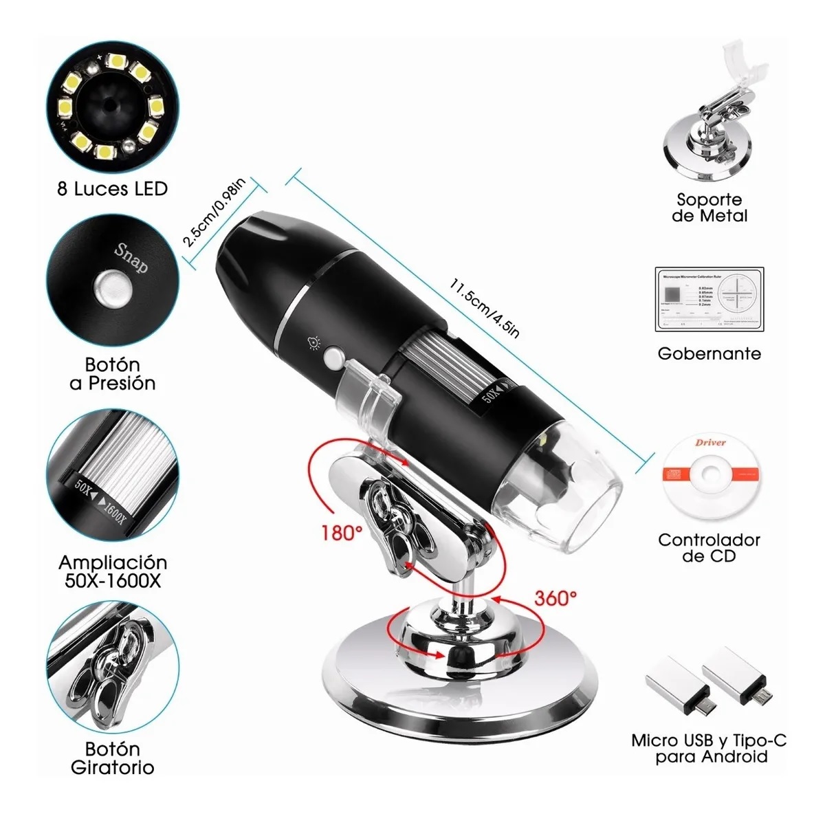 3 En 1 Microscopio Digital Usb 1600x Zoom Optico Hd 8 Leds