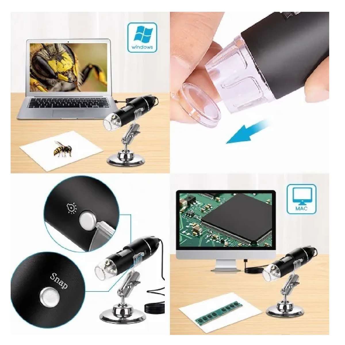 3 En 1 Microscopio Digital Usb 1600x Zoom Optico Hd 8 Leds