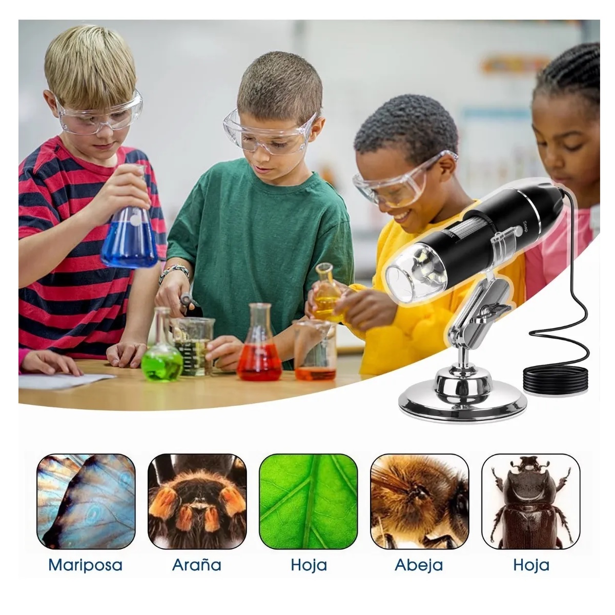 3 En 1 Microscopio Digital Usb 1600x Zoom Optico Hd 8 Leds