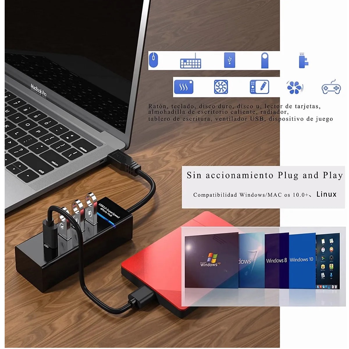 Hub Usb 3.0 4 Puertos Expansor Multi Para Laptop Pc 4 En 1