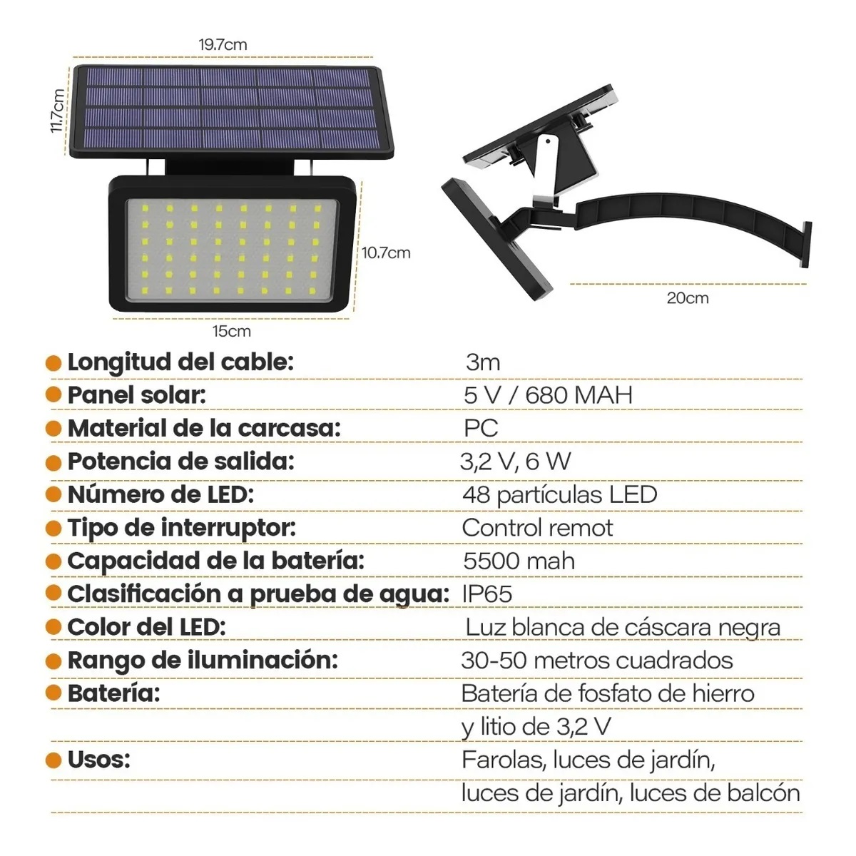 Lampara Solar 48 Leds Cable 3m Prende Automático De Noche