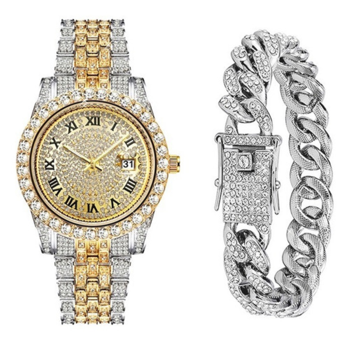 Reloj De Pulsera Plateada De Moda Con Fecha Y Diamantes Para Hombre 