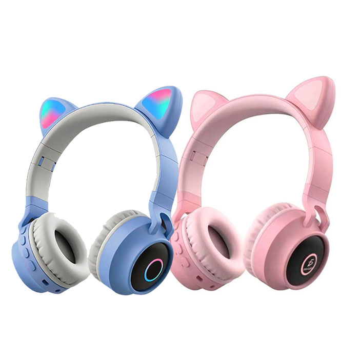 Audífonos Bluetooth De Orejas De Gato Para Niños en Rosa y Azul