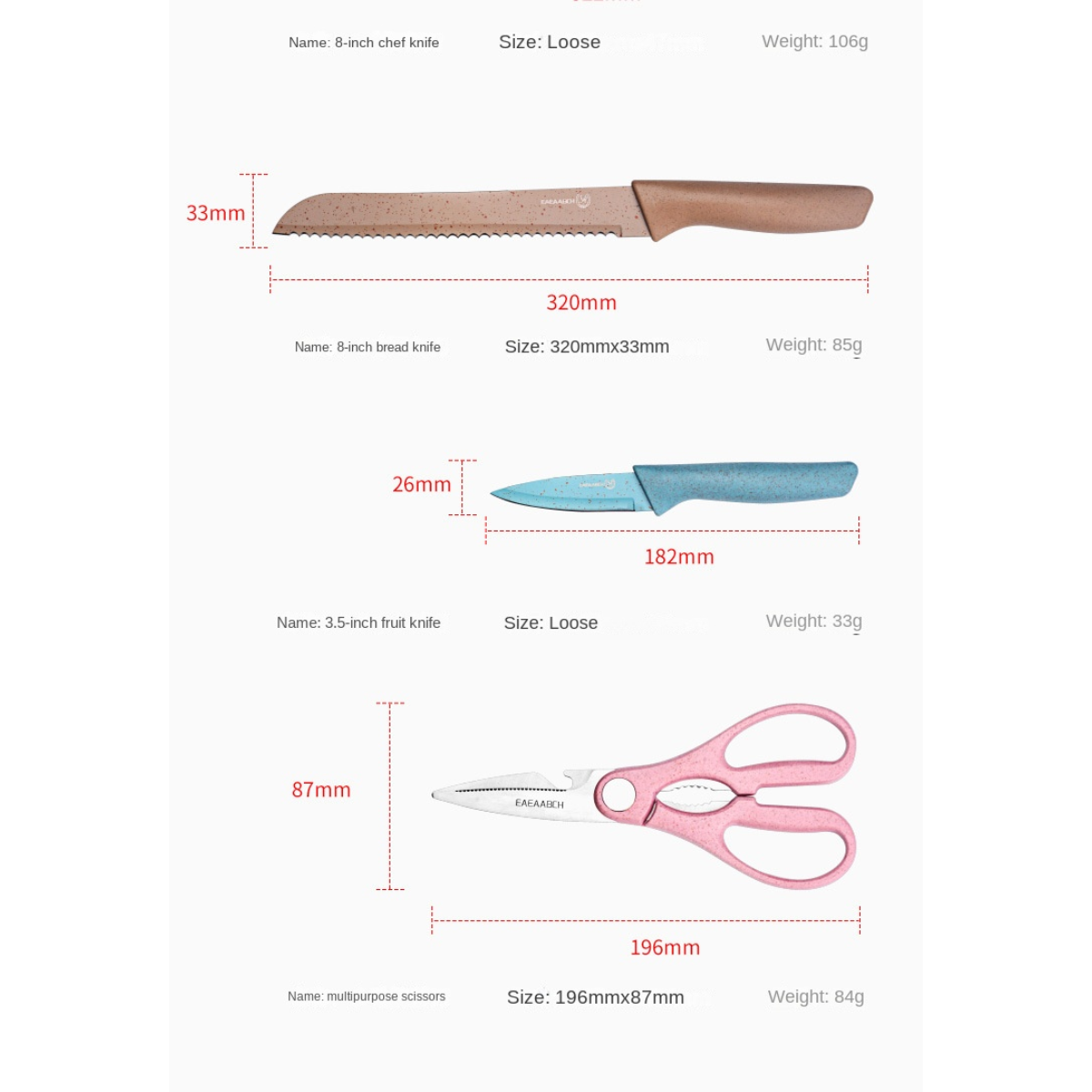 Set de Cuchillos Juego de 6 Piezas Paquete Acero Inoxidable Antiadherentes