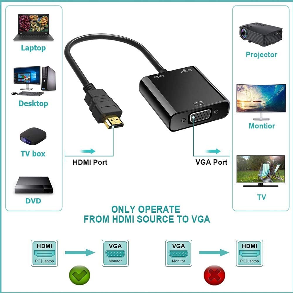 Adaptador HDMI a VGA con 3.5mm Audio Jack y Micro USB Fuente de Alimentación,1080P Convertidor Adaptador Portátil para DVD HDTV PC Laptop