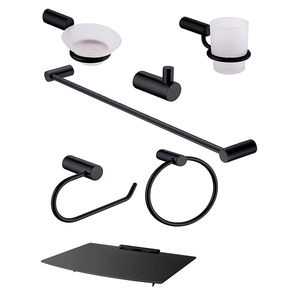 Juego De Baño 7 Piezas Con Repisa Vidrio Templado Negro Mate