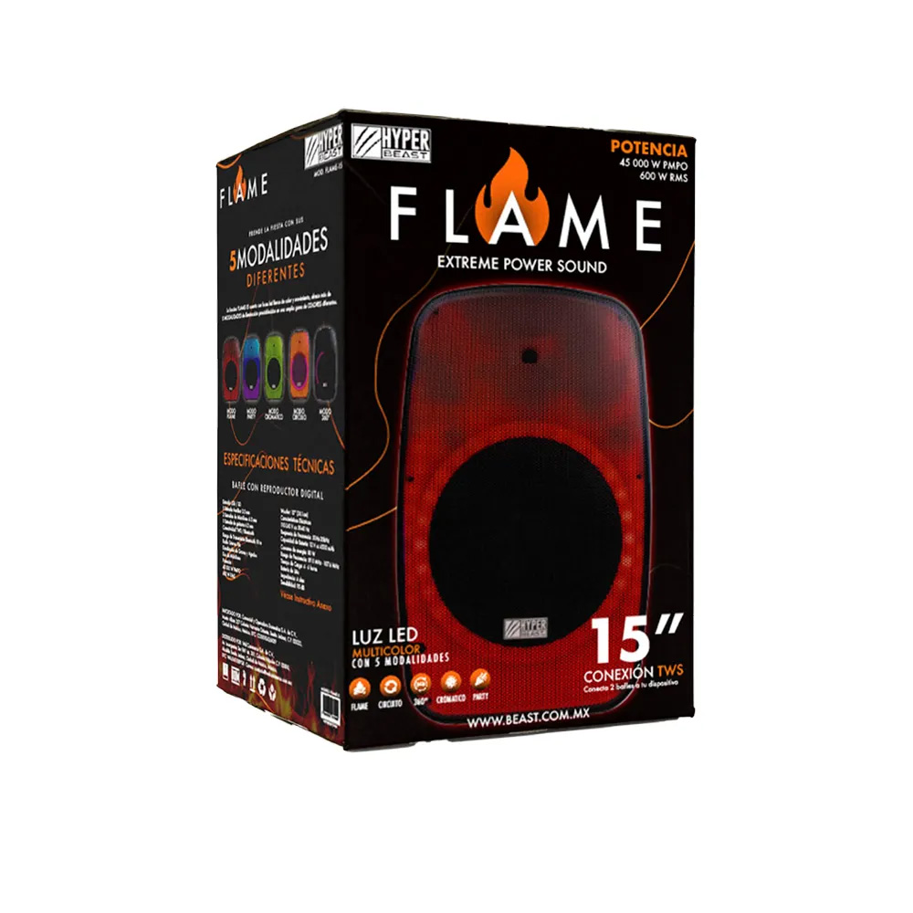 Bocina Bafle Bluetooth 15" Hyper Beast FLAME 600W RMS Luz