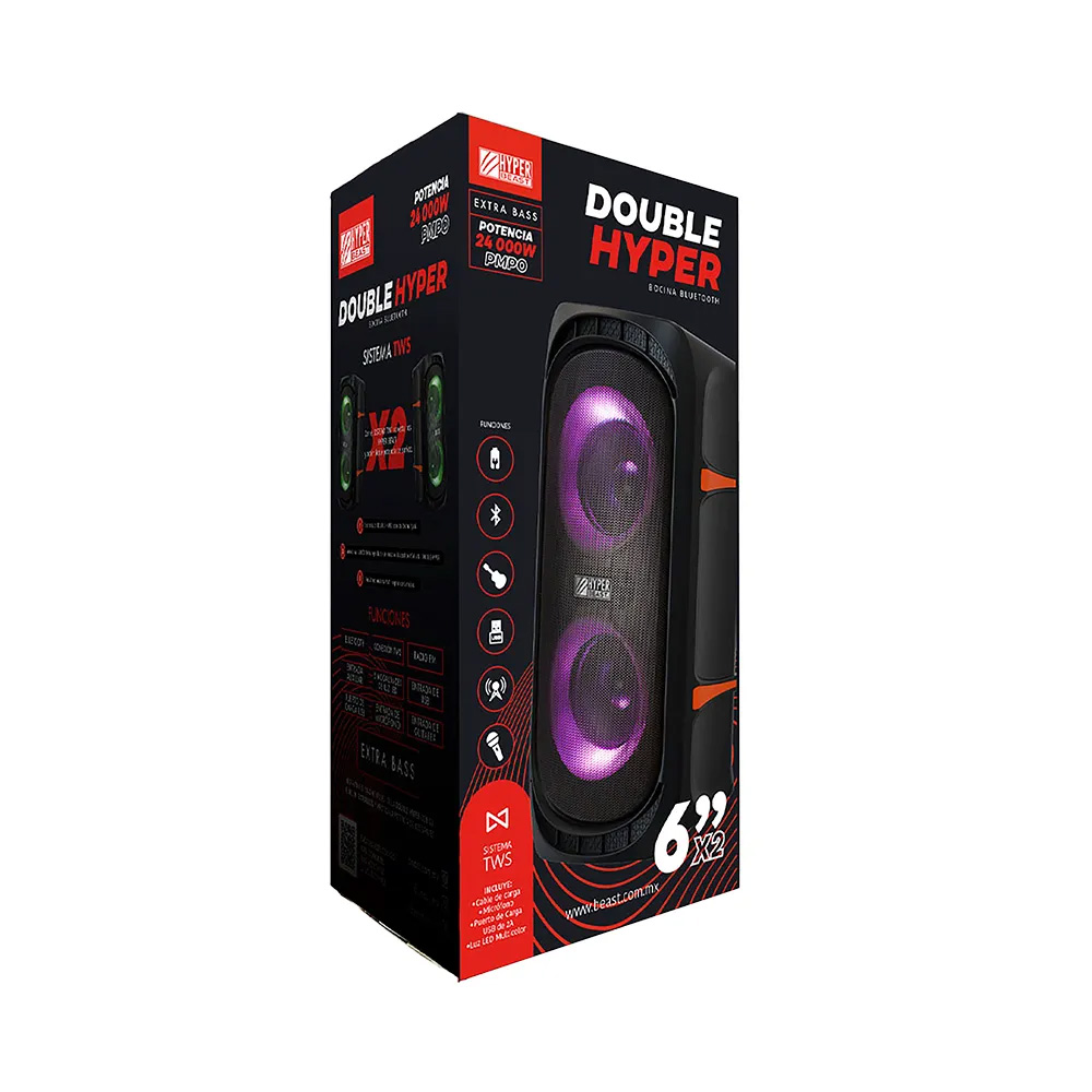 Bocina Bafle Bluetooth 2x6.5" DOUBLE HYPER 50WRMS 2x1" Tweet