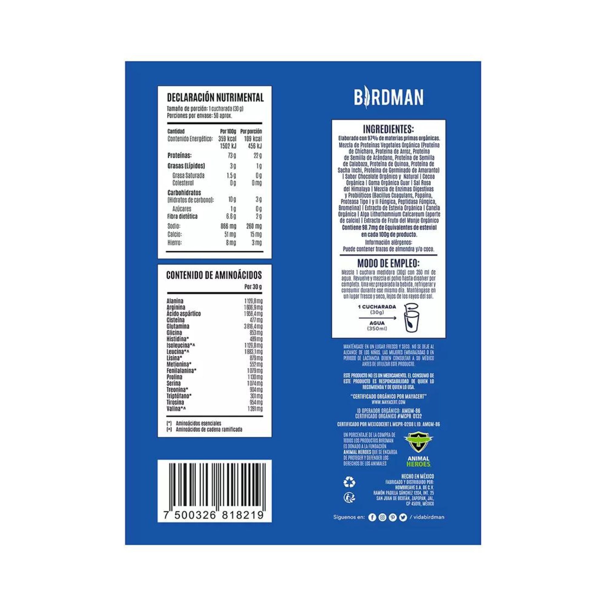 Proteína Orgánica Vegana Chocolate Birdman Falcon 1.5 Kg