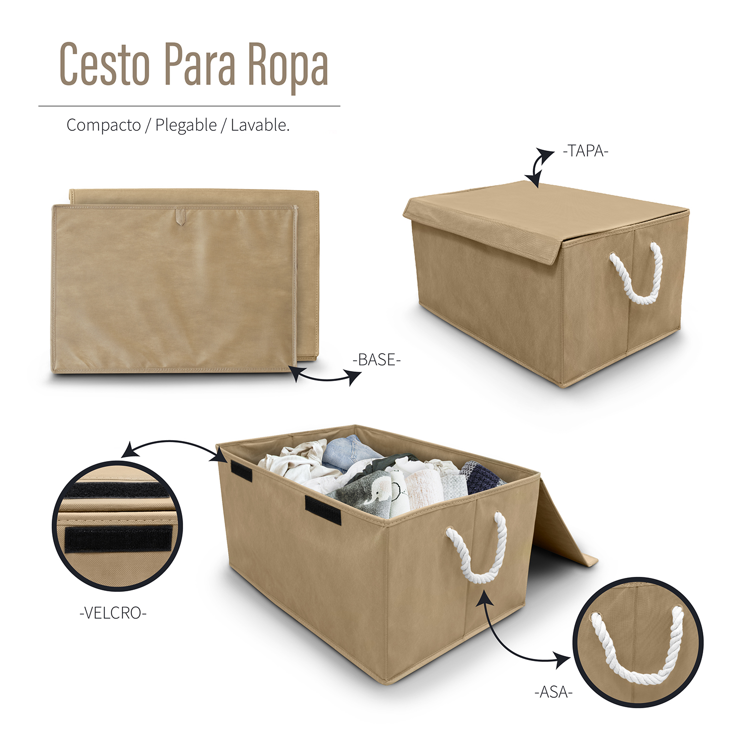Cesto de ropa sucia con tapa rectangular cafe 