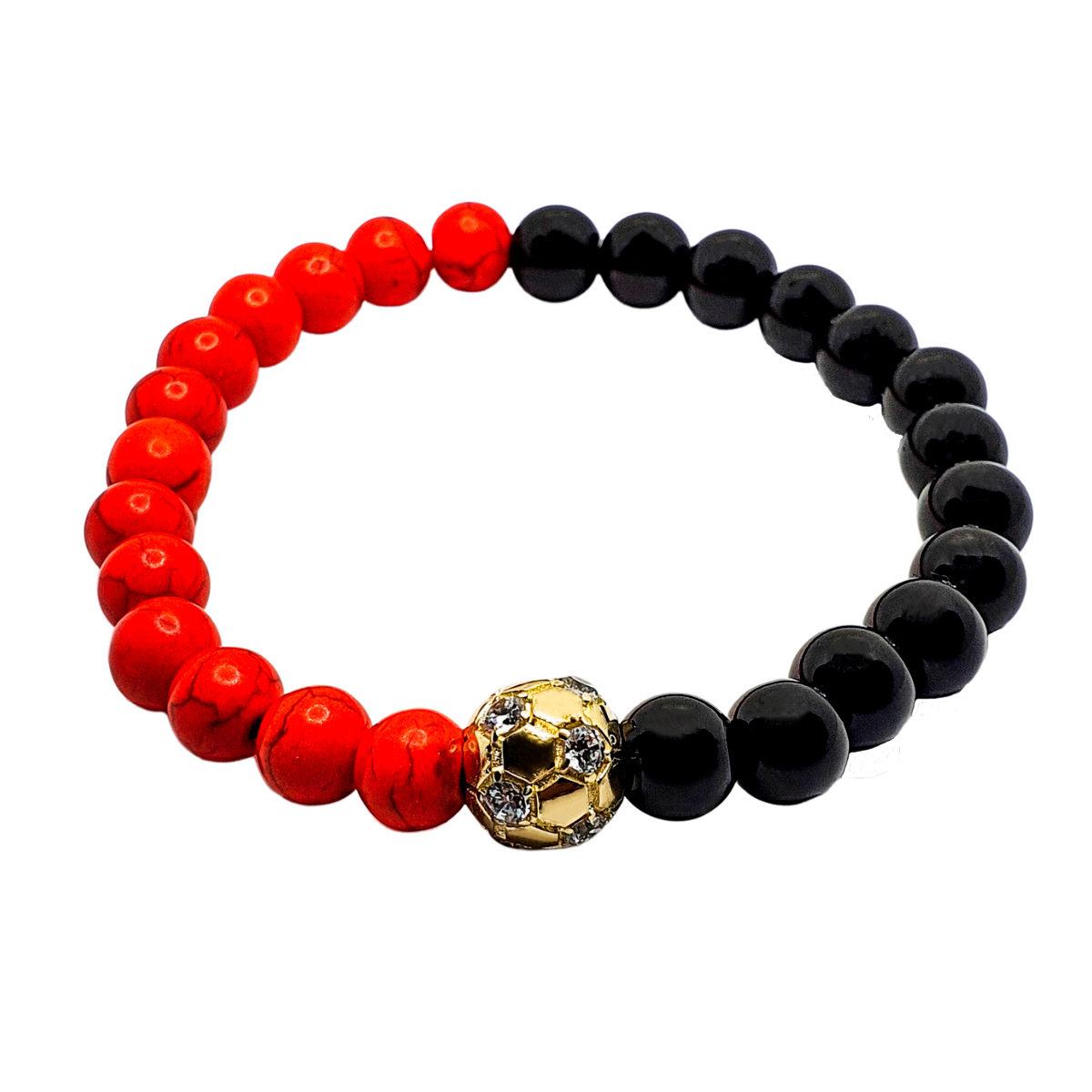 Pulsera balón de fútbol rojinegra con ónix brillante y piedra roja. Incluye caja de regalo.