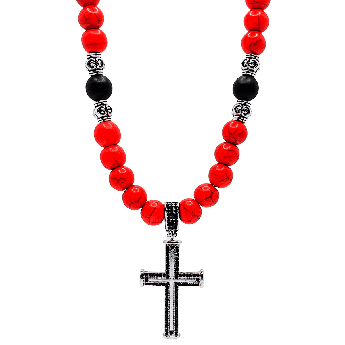 Collar de piedra roja y ónix mate, con cruz de plata y zirconia negra. Collar Ajustable. Incluye caja de regalo.