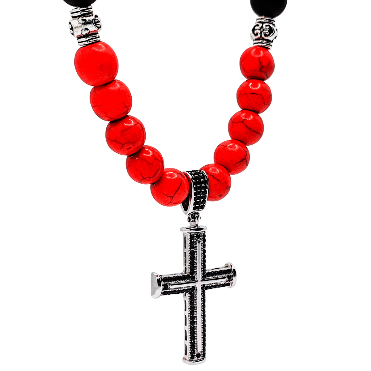 Collar de piedra roja y ónix mate, con cruz de plata y zirconia negra. Collar Ajustable. Incluye caja de regalo.