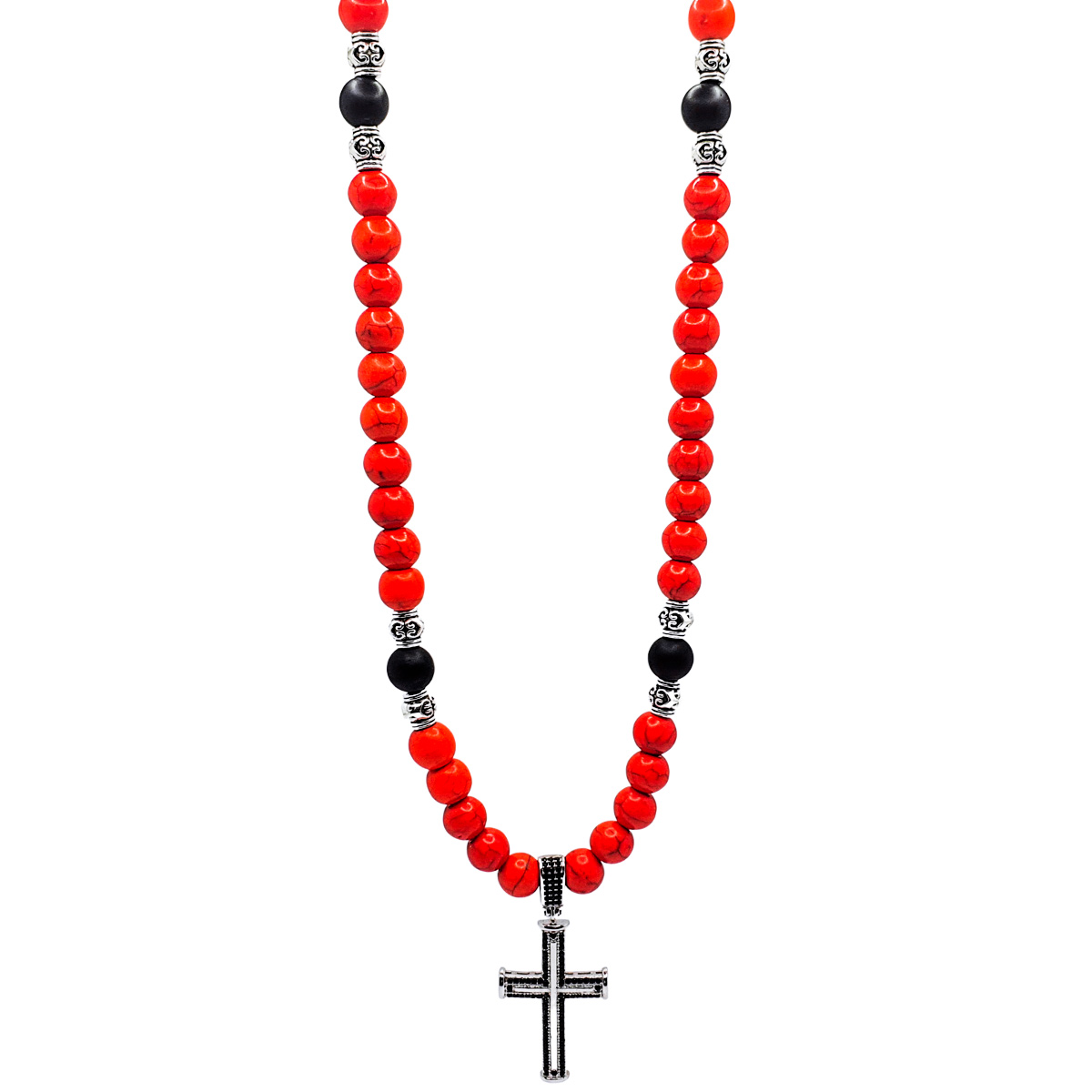 Collar de piedra roja y ónix mate, con cruz de plata y zirconia negra. Collar Ajustable. Incluye caja de regalo.