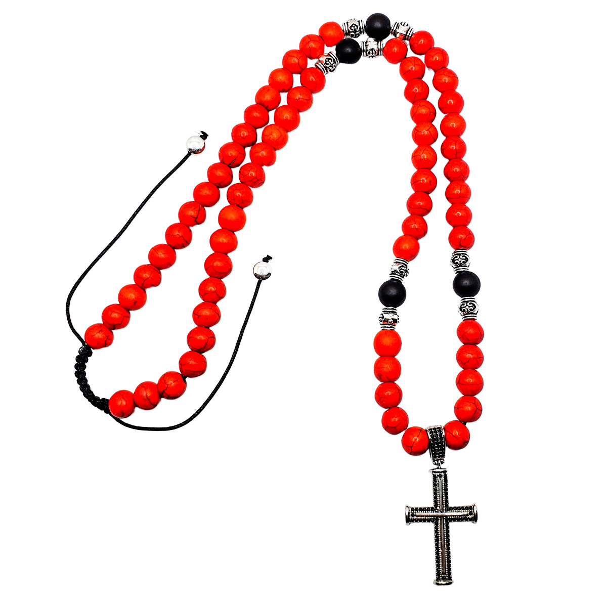 Collar de piedra roja y ónix mate, con cruz de plata y zirconia negra. Collar Ajustable. Incluye caja de regalo.