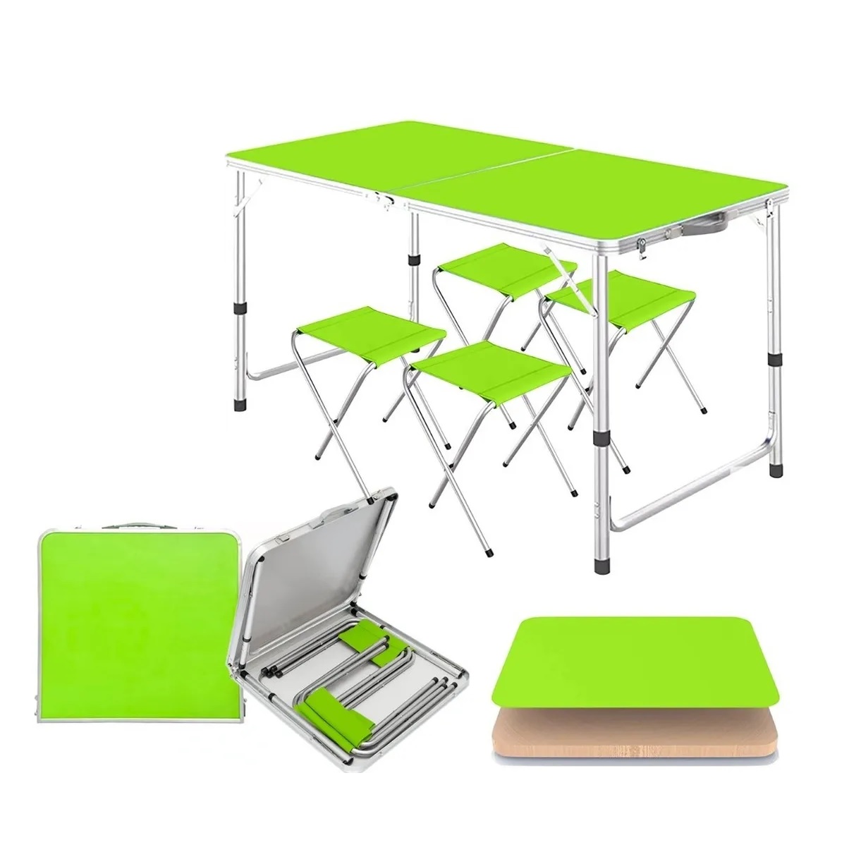 Mesa Plegable Tipo Portafolio 1.20 M Con 4 Sillas Portátiles Verde
