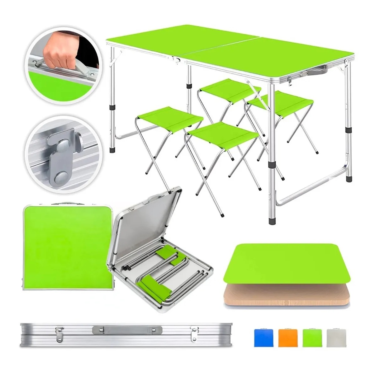 Mesa Plegable Tipo Portafolio 1.20 M Con 4 Sillas Portátiles Verde