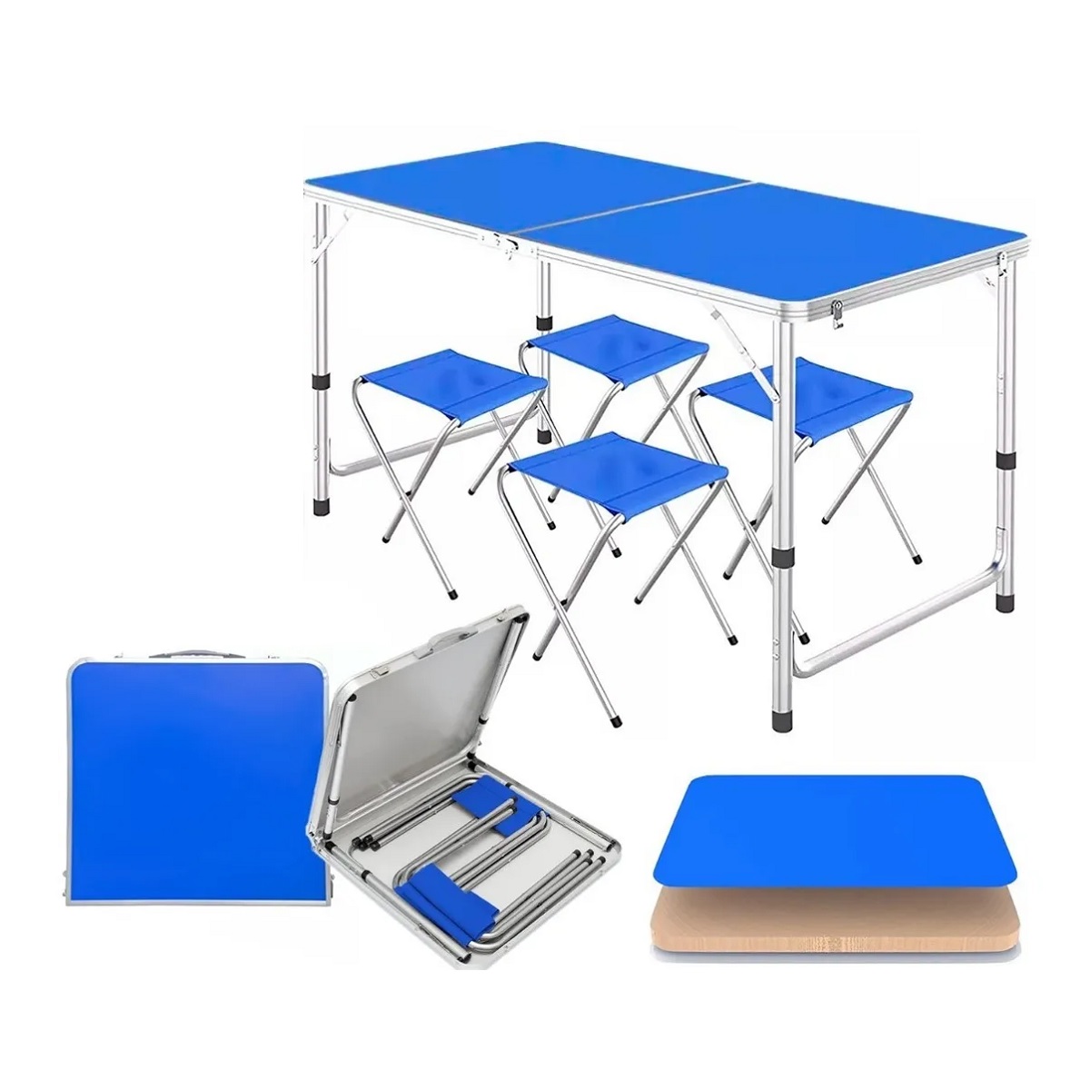 Mesa Plegable Tipo Portafolio 1.20 M Con 4 Sillas Portátiles Azul