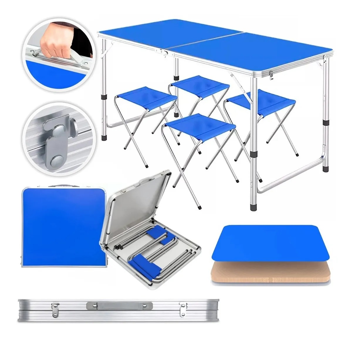 Mesa Plegable Tipo Portafolio 1.20 M Con 4 Sillas Portátiles Azul