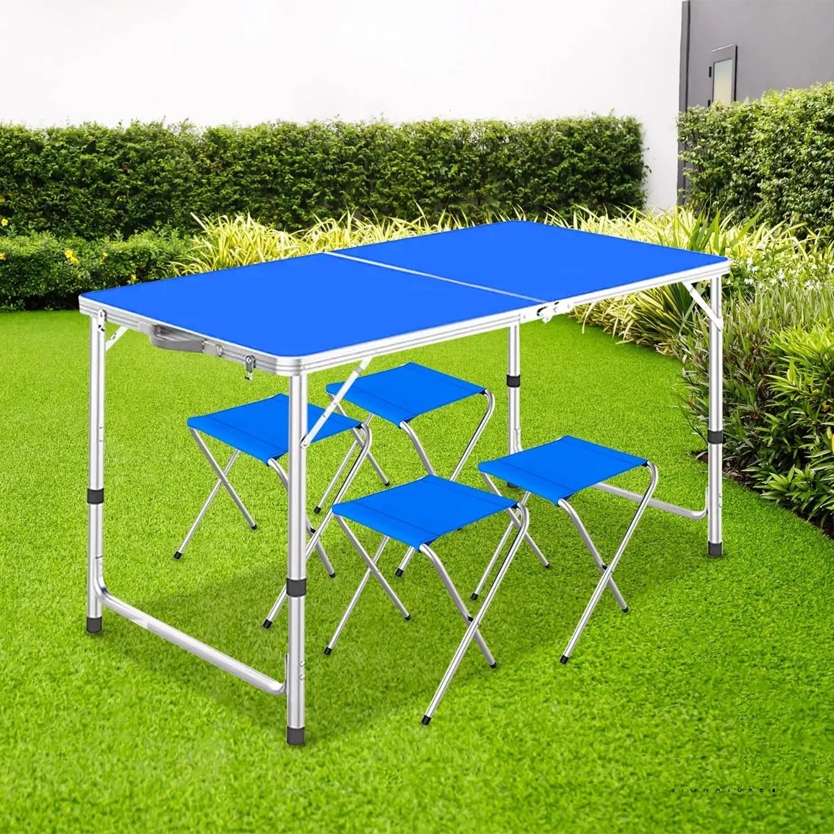 Mesa Plegable Tipo Portafolio 1.20 M Con 4 Sillas Portátiles Azul