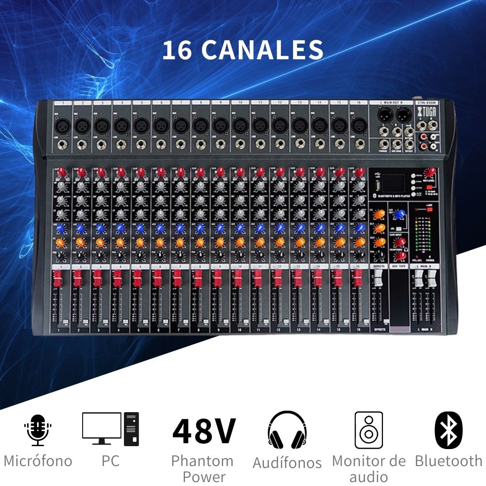 Mezcladora De Audio 16 Canales Efectos Ct1606 Xtuga Usb 48v