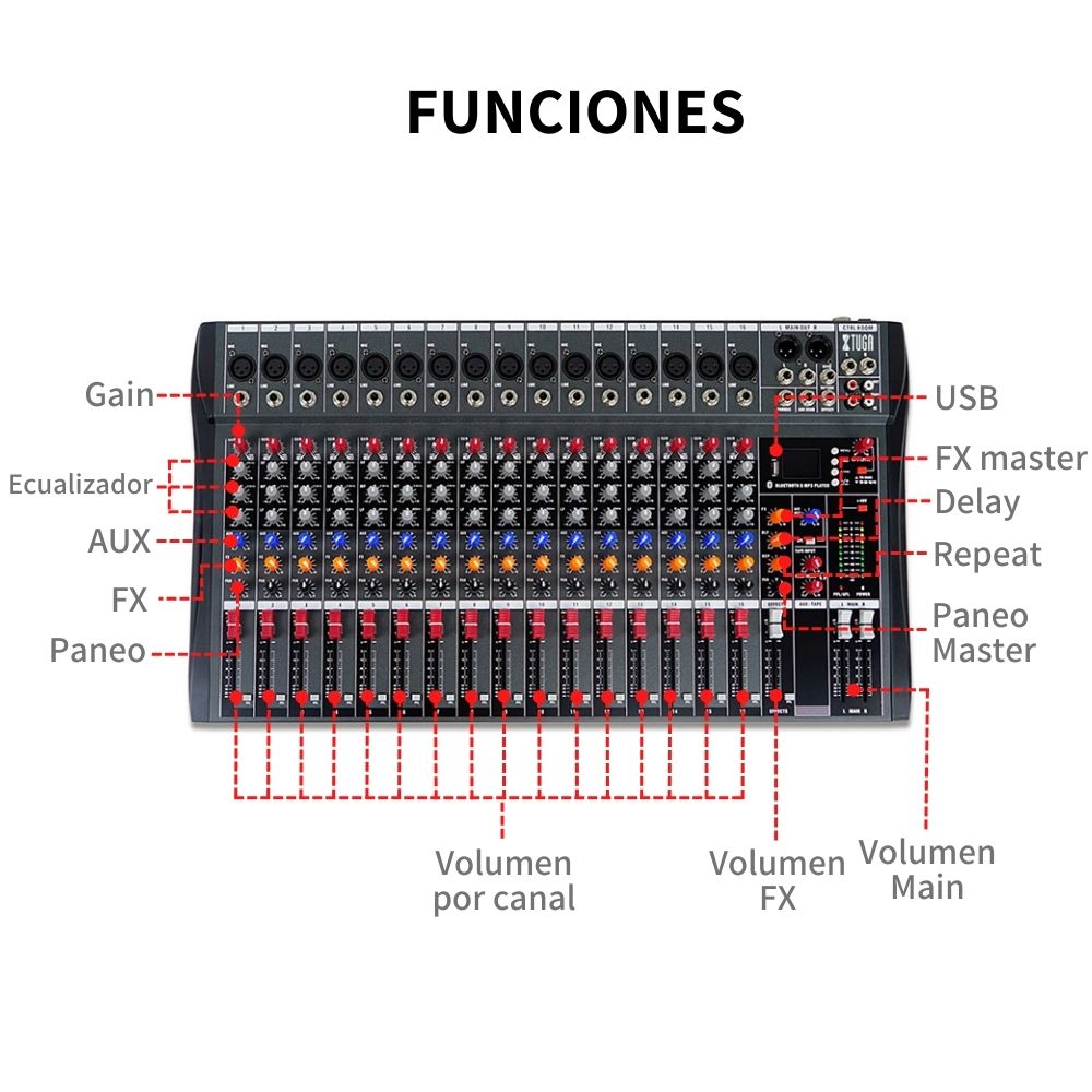Mezcladora De Audio 16 Canales Efectos Ct1606 Xtuga Usb 48v