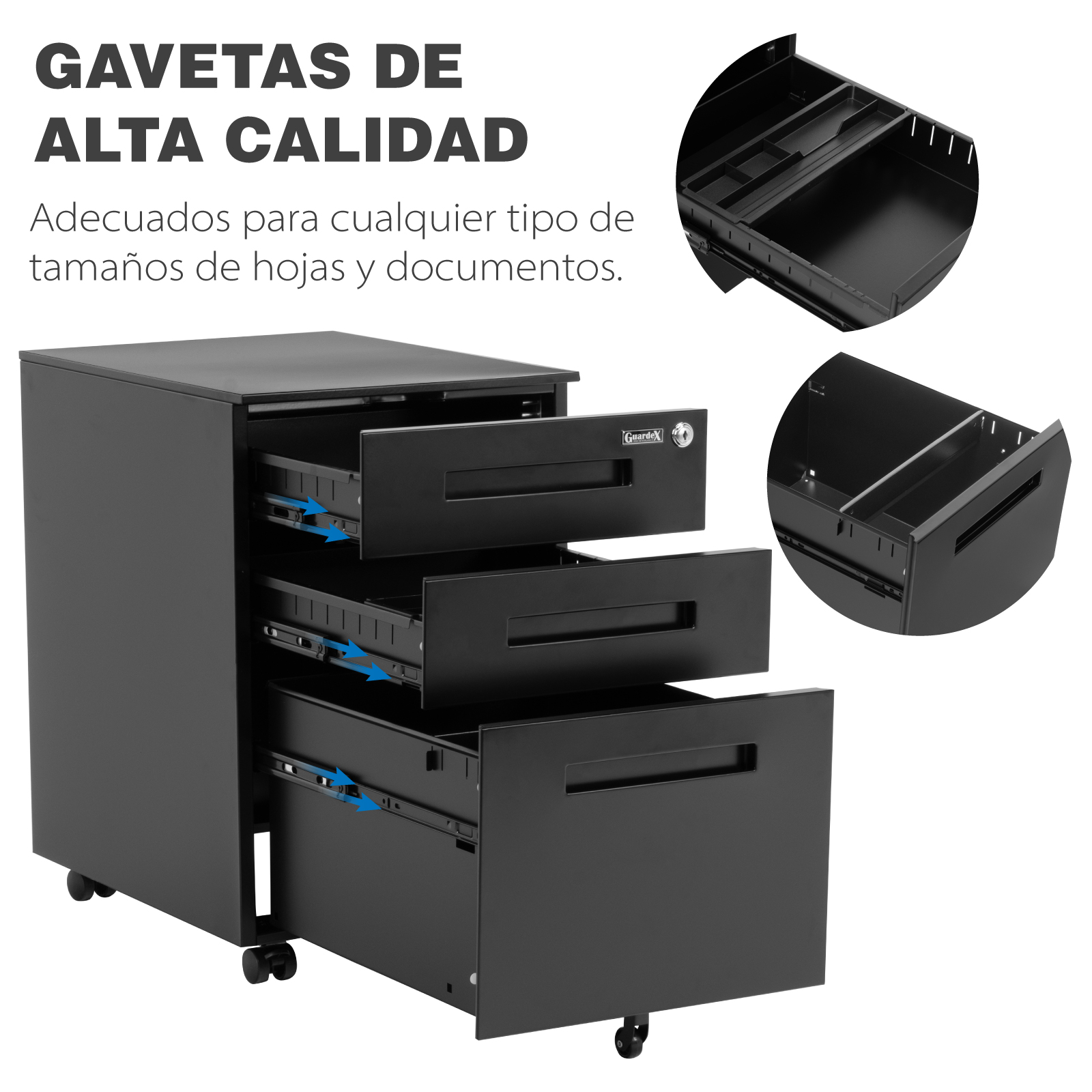Archivero Vertical Guardex Metálico De 3 Gavetas Con Ruedas Color Negro