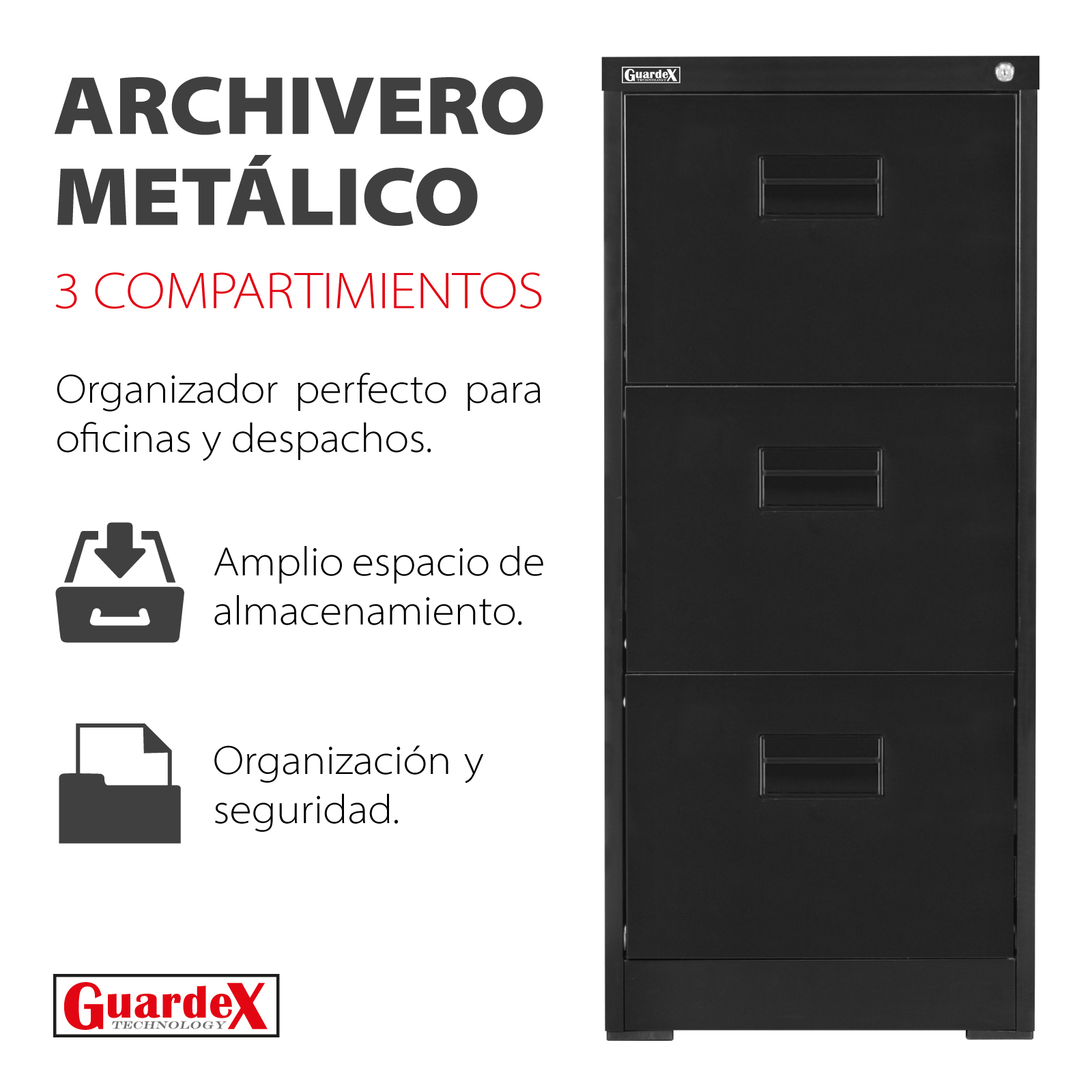 Archivero Vertical Metálico Guardex Con 3 Gavetas Y Anti-Cerraduras Color Negro