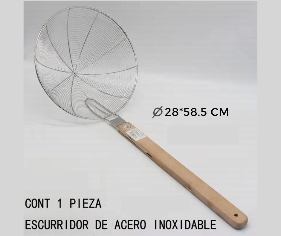 Colador Cucharon Escurridor 28 cm. diámetro Acero Inoxidable para carnitas, papas, frituras, chicharron con mango de madera