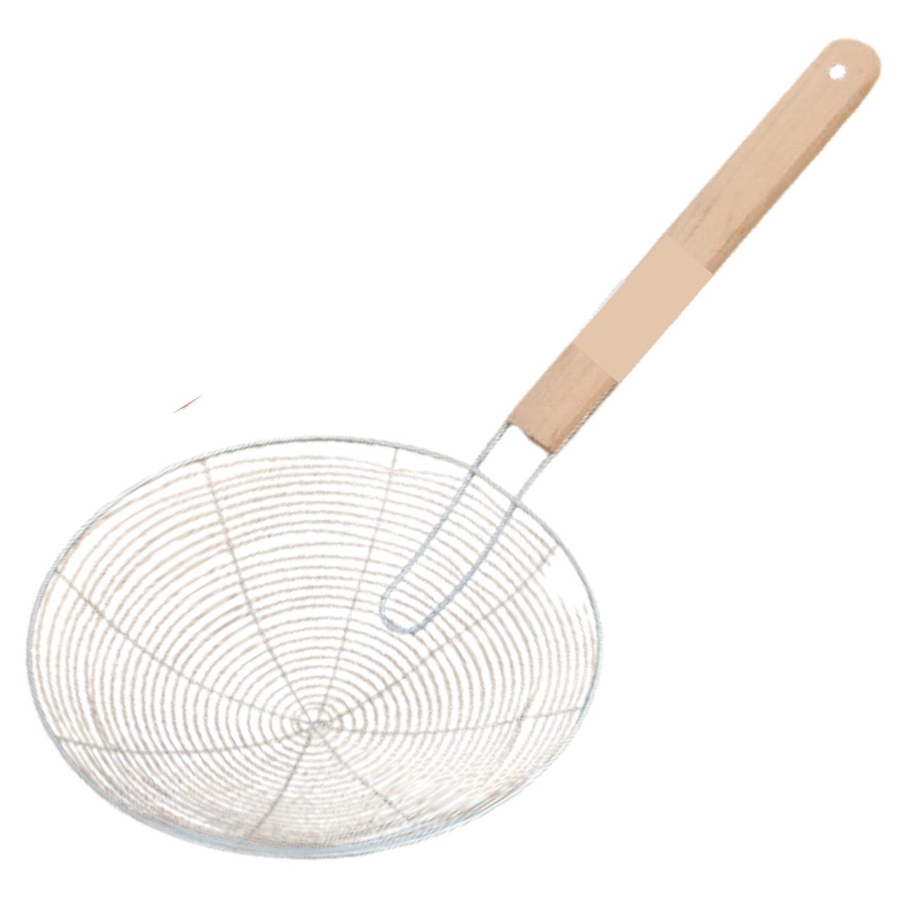 Colador Cucharon Escurridor 28 cm. diámetro Acero Inoxidable para carnitas, papas, frituras, chicharron con mango de madera