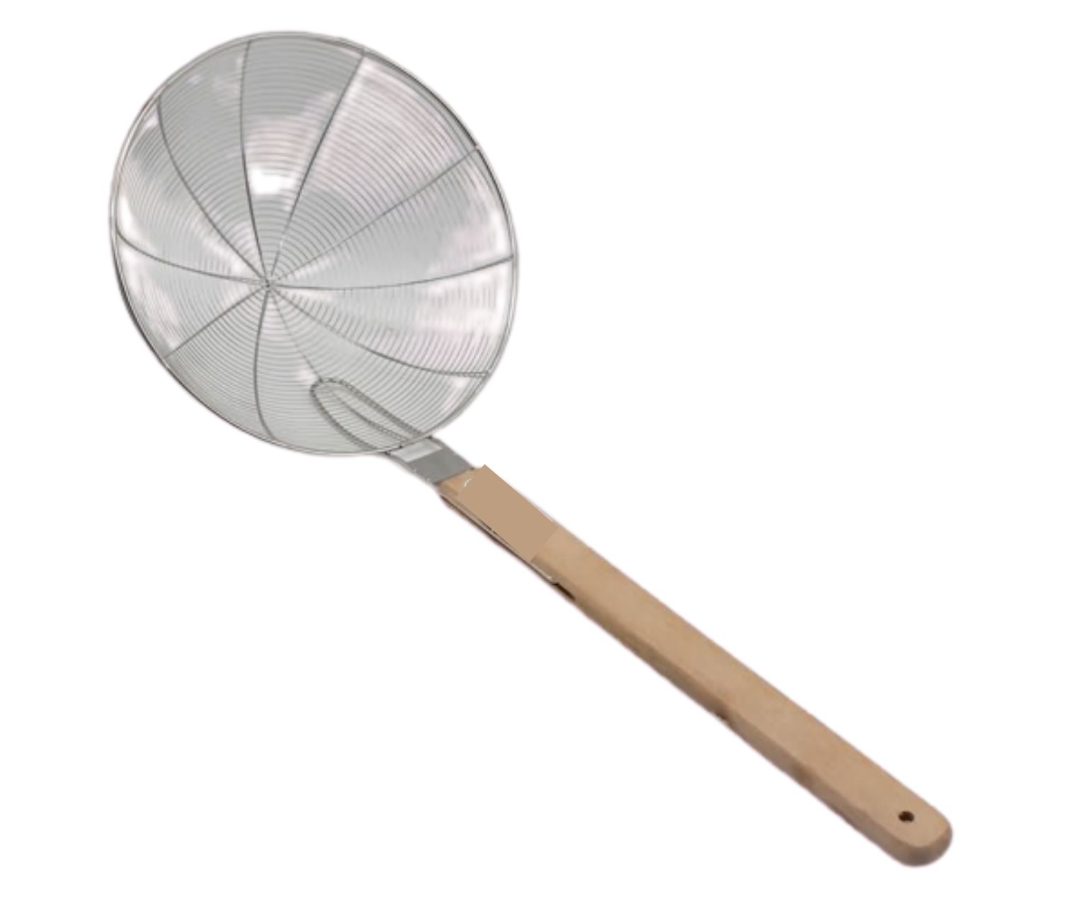 Colador Cucharon Escurridor 28 cm. diámetro Acero Inoxidable para carnitas, papas, frituras, chicharron con mango de madera