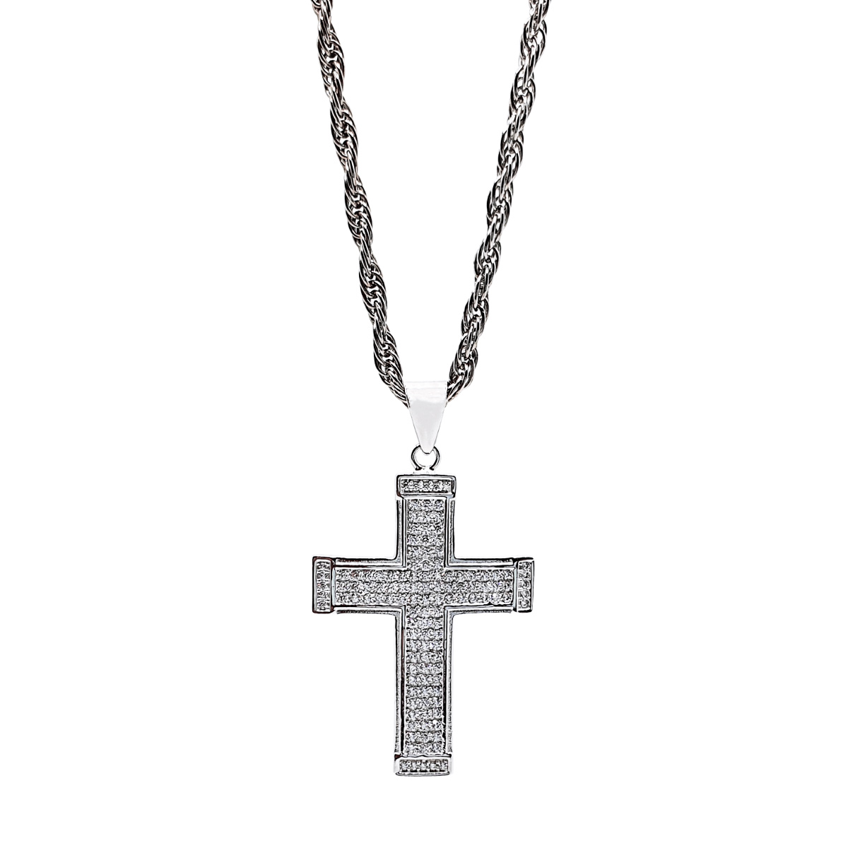 Cadena torzal y cruz de plata 925 con piedra zirconia y baño de rodio. Incluye caja de regalo