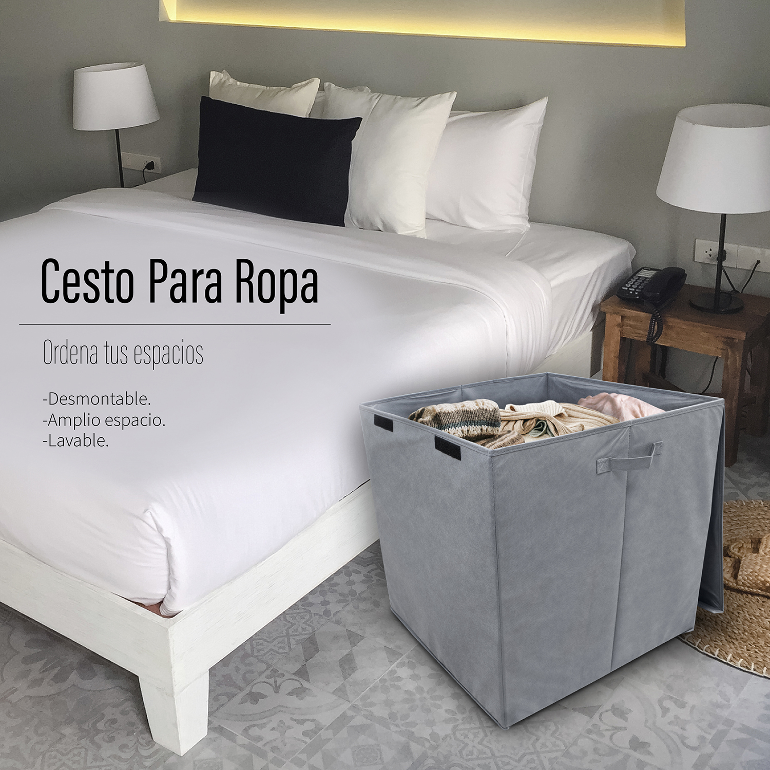 Cesto de ropa sucia con tapa gris cuadrado